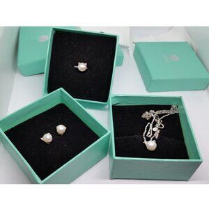 S.LEAF Sterling Silver Cat Freshwater Cultured Pearl Jewelry Set Ring Necklace +